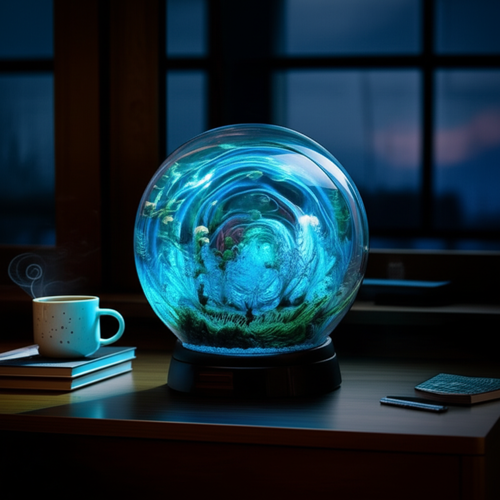 Светящаяся сфера астросик на столе как элемент биофильного дизайна