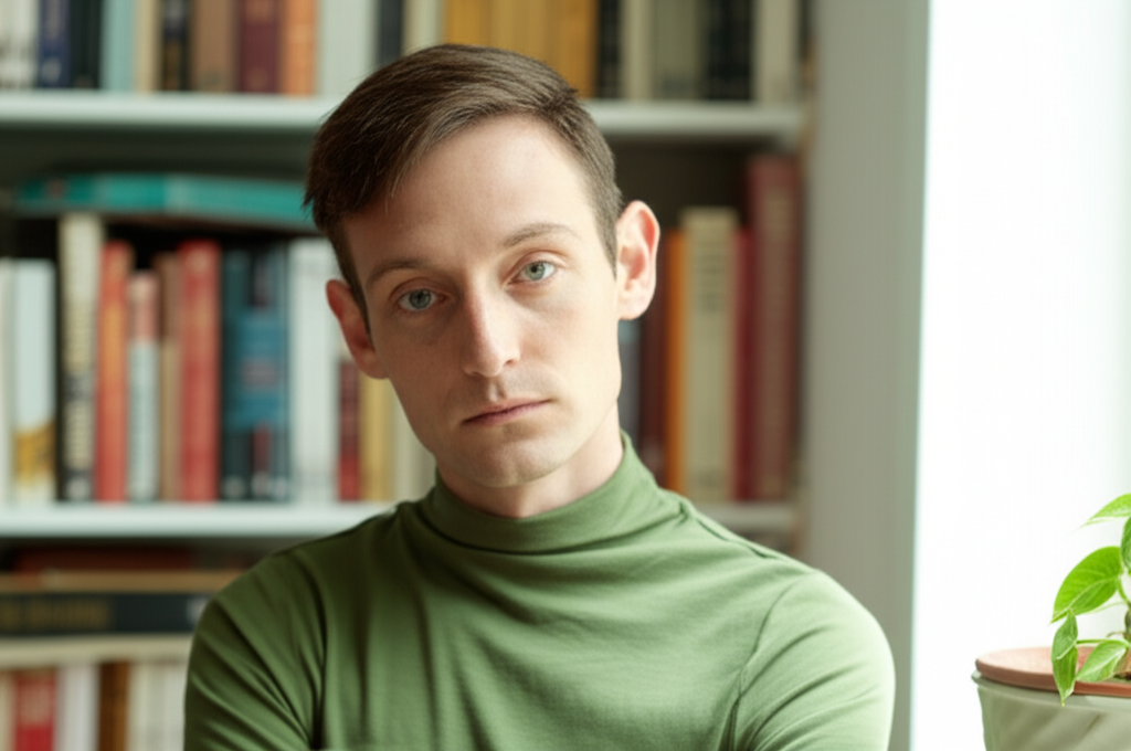 Интеллектуальный и сдержанный человек, символизирующий асцендент дева, в упорядоченной и светлой обстановке.