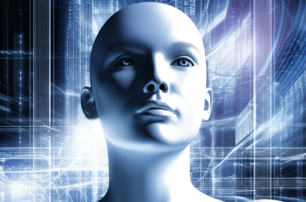 Абстрактная визуализация личности, у которой асцендент в Водолее, на фоне футуристического пейзажа