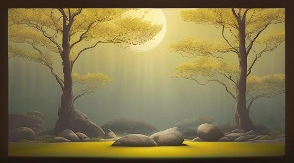 Баланс энергии инь ян, представленный в гармоничном пейзаже дня и ночи, символизирующий их взаимосвязь.