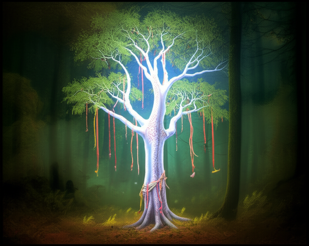 Светящаяся белая береза в центре мистического леса, где раскрывается береза мифология древних славян.