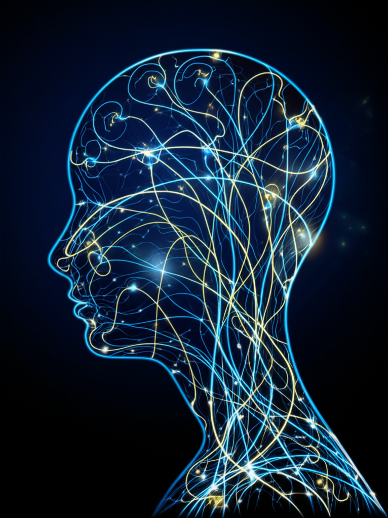 Иллюстрация, раскрывающая безграничные возможности своего разума через образ светящейся нейронной сети.