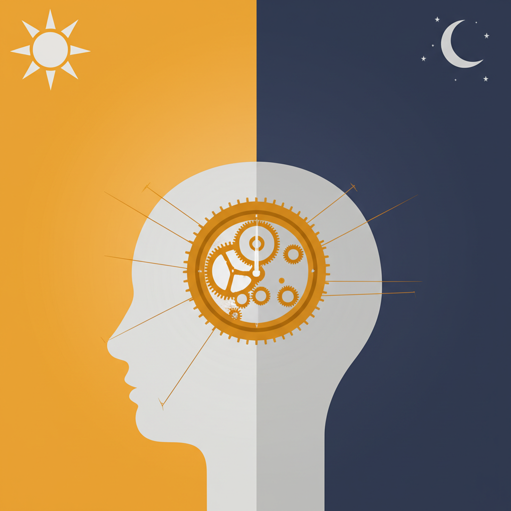 Схематичное изображение, иллюстрирующее биологические ритмы человека и их синхронизацию с суточным циклом дня и ночи.