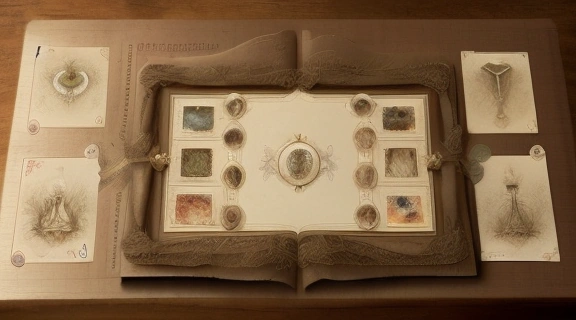 Изображение демонстрирует разложенный Большой расклад Ленорман на старинном деревянном столе, освещенном мягким светом, создавая атмосферу тайны и глубокого изучения.