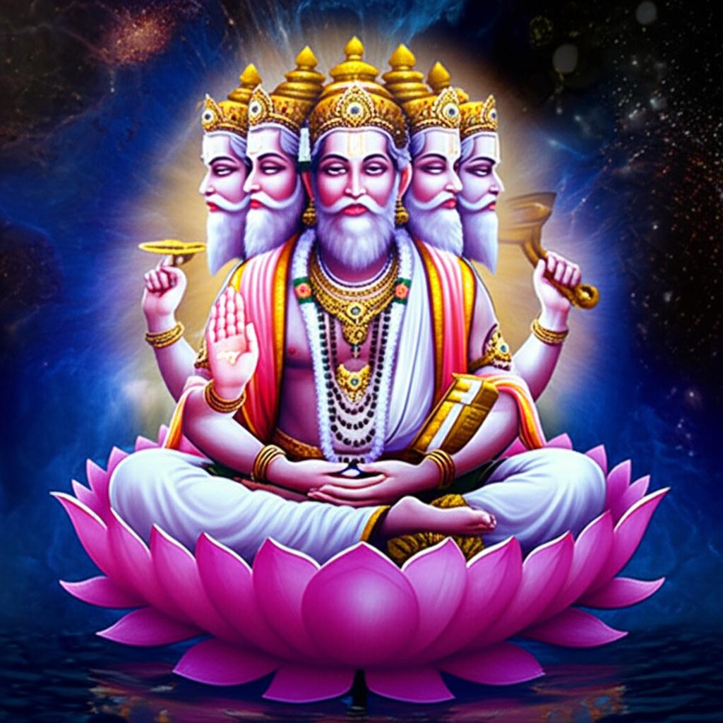Четырехликий бог-создатель Брахма на божественном лотосе
