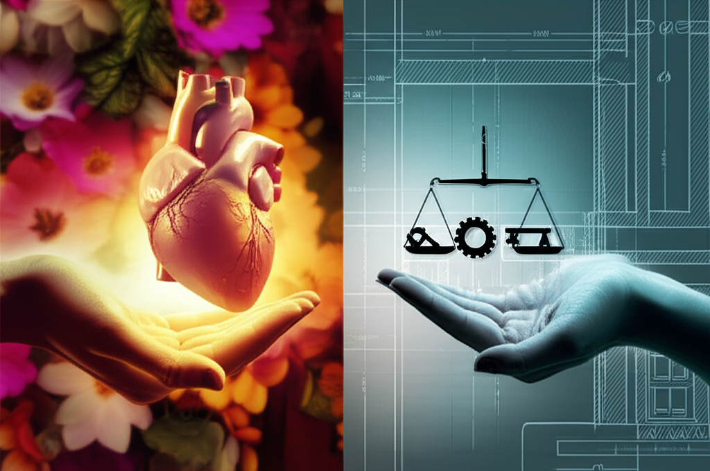 Символическое изображение выбора между браком по расчету или по любви на весах разума и сердца.