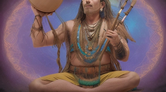 Шаман с бубном в шаманской традиции, проводящий ритуал в мистическом лесу под северным сиянием