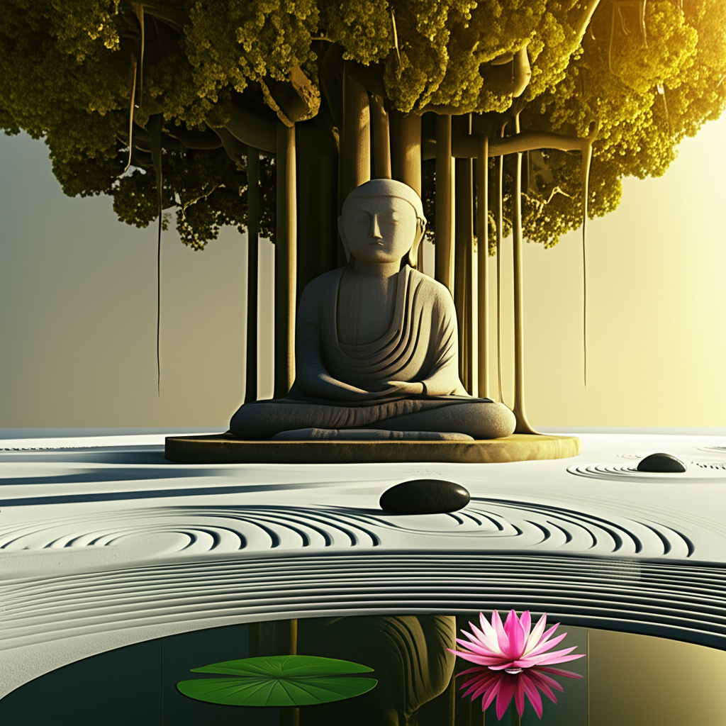 Буддизм мировая религия: умиротворенная статуя Будды в саду для медитаций.