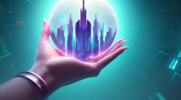 Человеческая рука, держащая светящуюся сферу с цифровыми проекциями, символизирующую будущее на ладони.