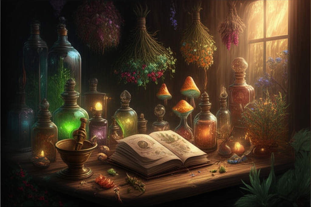 Рабочий стол, на котором разложены инструменты, книги и растения, которые использует чародейский травник.