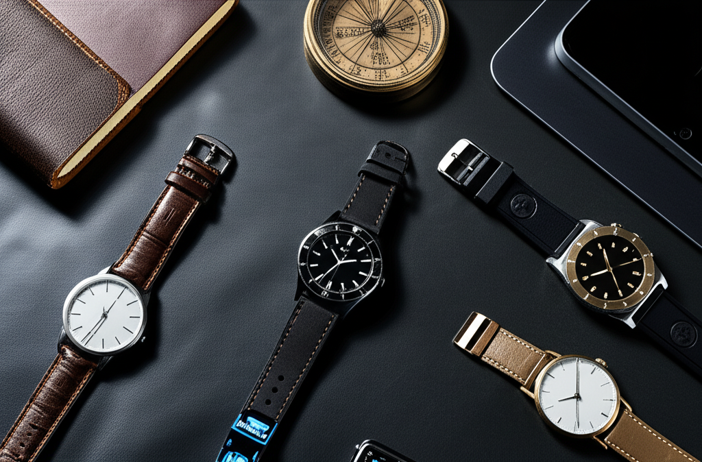 Различные наручные аксессуары на столе, иллюстрирующие как связаны часы и характер владельца.