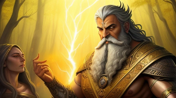 Изображение демонстрирует величественные человекоподобные божества славянский пантеон, собравшиеся в древней священной роще, окруженные символами природы и мифологии.