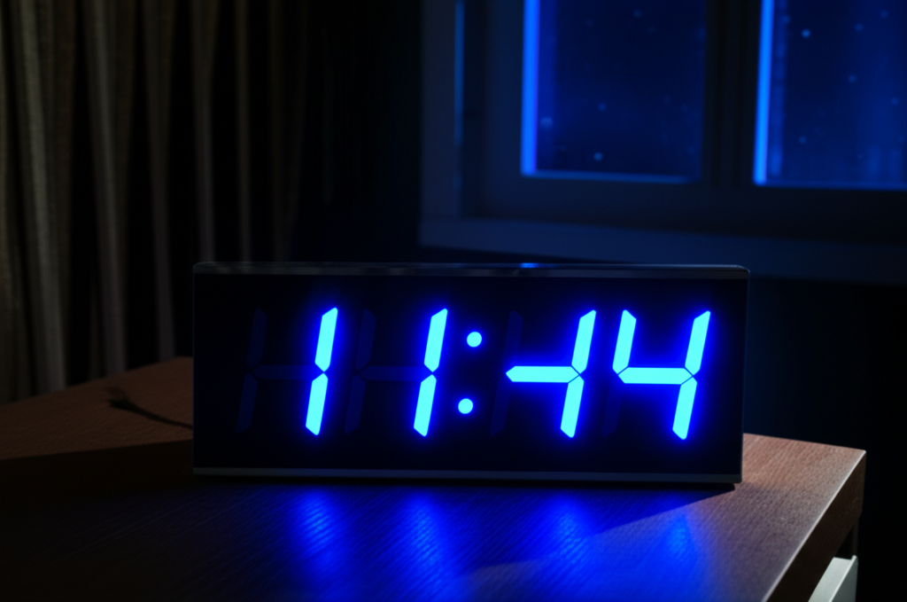 Цифровые часы на столе показывают мистическое время, иллюстрируя, что обозначают повторяющиеся цифры на часах.