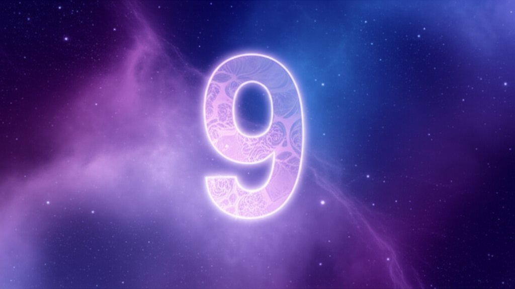 Детальное изображение, иллюстрирующее, что означает число 9, с цифрой на фоне космического пейзажа.