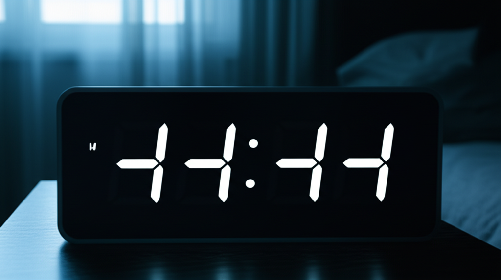 Цифровые часы на столе показывают 11:11, что означает ровная время и повод для размышлений.