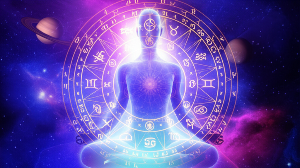 Символическое изображение, раскрывающее что такое астрология духовности через зодиакальный круг и космические символы.