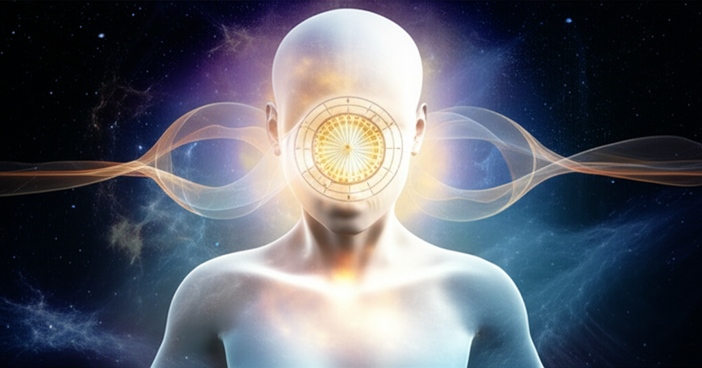 Схематическое изображение, объясняющее что такое астрология интуиции, где натальная карта соединяется с интуитивными потоками энергии на фоне космоса.