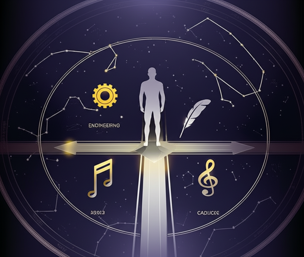 Иллюстрация, раскрывающая что такое астрология карьеры, с изображением натальной карты и символов профессий.