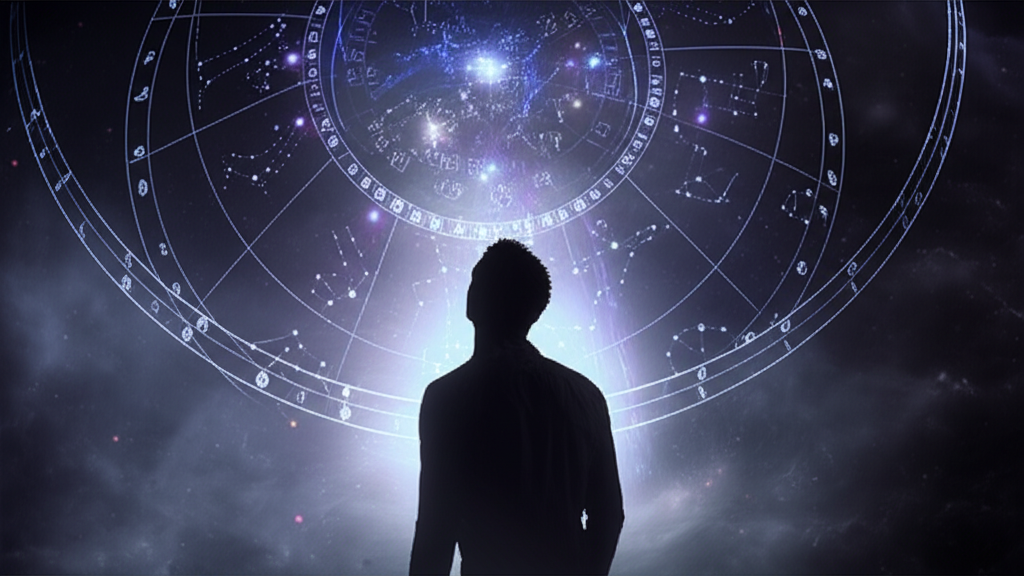 Иллюстрация, объясняющая что такое астрология страха, с изображением человека перед картой звездного неба.
