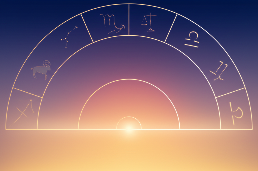 Астрологическая диаграмма, иллюстрирующая, что такое асцендент в астрологии на фоне восходящего солнца.