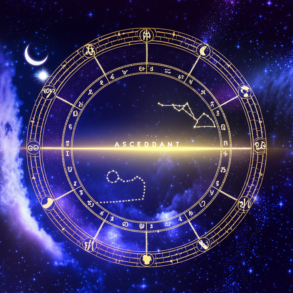 Символическое изображение натальной карты с выделенным асцендентом, показывающее, что такое асцендент в натальной карте как восходящий знак.