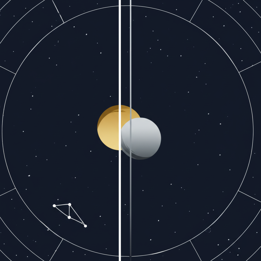 Графическое изображение, объясняющее, что такое оппозиция в астрологии: две планеты на противоположных сторонах круга.