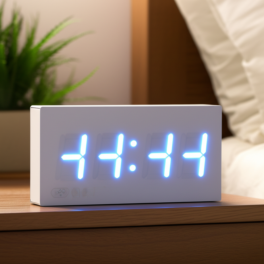 Цифровые часы на столе, которые показывают, что значат повторяющиеся цифры на часах в момент 11:11.