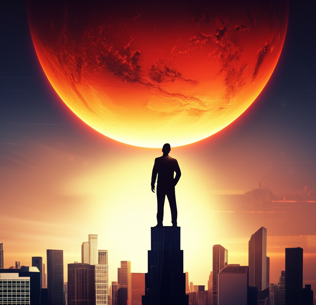 Изображение, символизирующее энергию Марса в 10 доме, где амбициозная фигура уверенно стоит на вершине карьерной горы, подсвеченная огненным светом планеты Марс, воплощая что значит Марс в 10 доме для профессионального успеха.