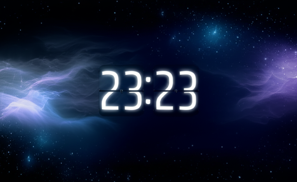 Цифровой циферблат часов, на котором светится время, и мы анализируем, что значит время 23 23 в нумерологии.