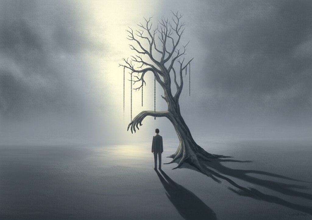 Человек под гнетом тяжелого бремени, которое символизирует всепоглощающее чувство вины.