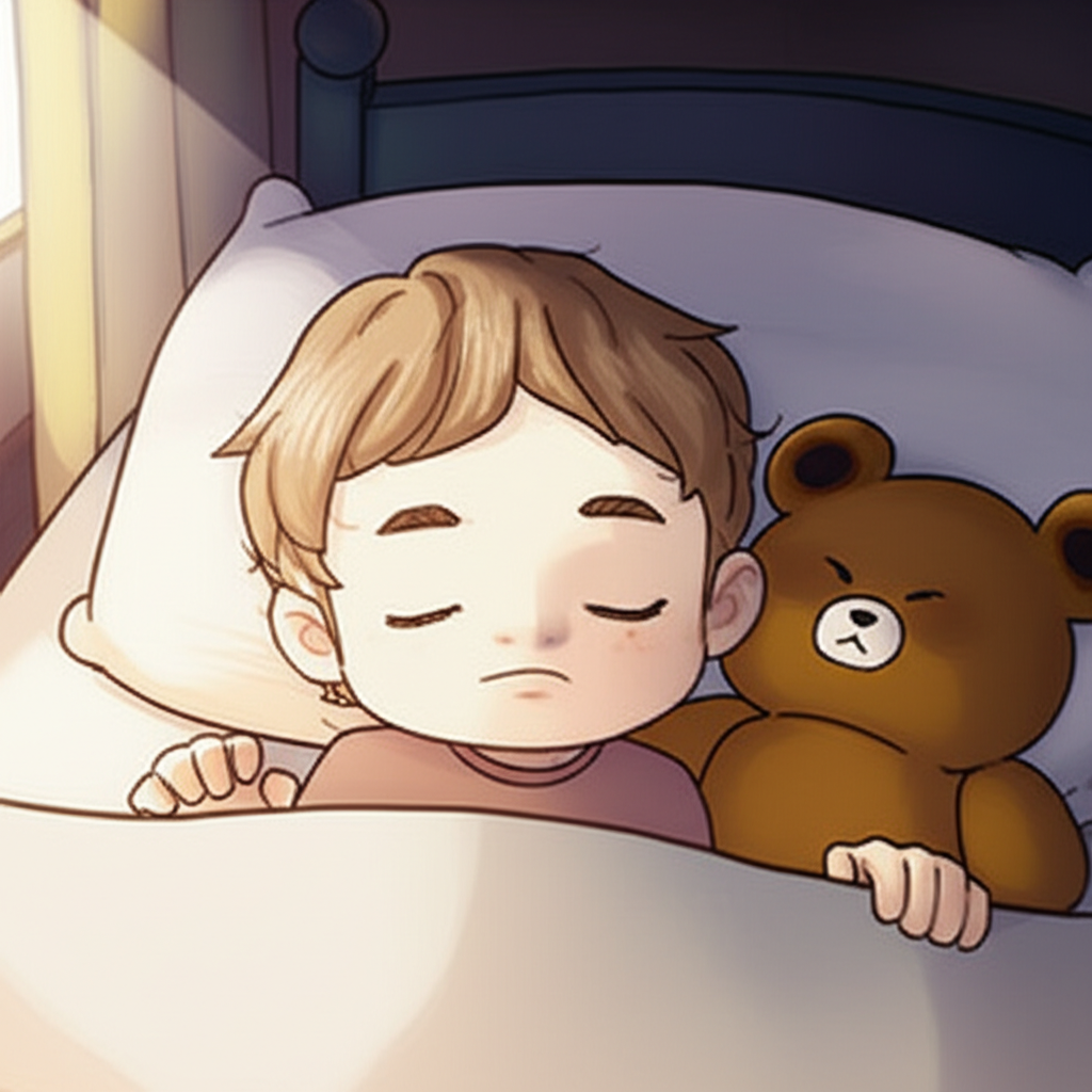 Спокойный спящий ребенок в уютной кровати, иллюстрация на тему детская бессонница