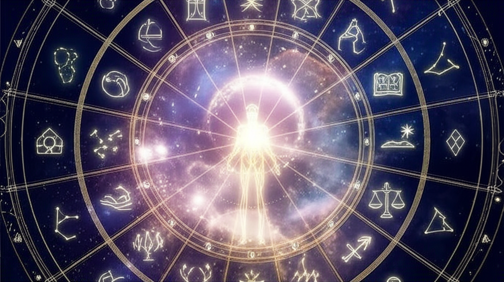 Иллюстрация, изображающая детализированную астрологическую карту с 12 секторами, символизирующими дома гороскопа и их значение.