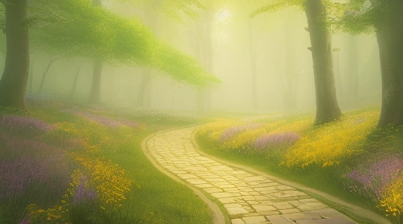 Завораживающая извилистая Дорога к счастью, освещенная мягким золотым светом, уходящая в туман на горизонте.