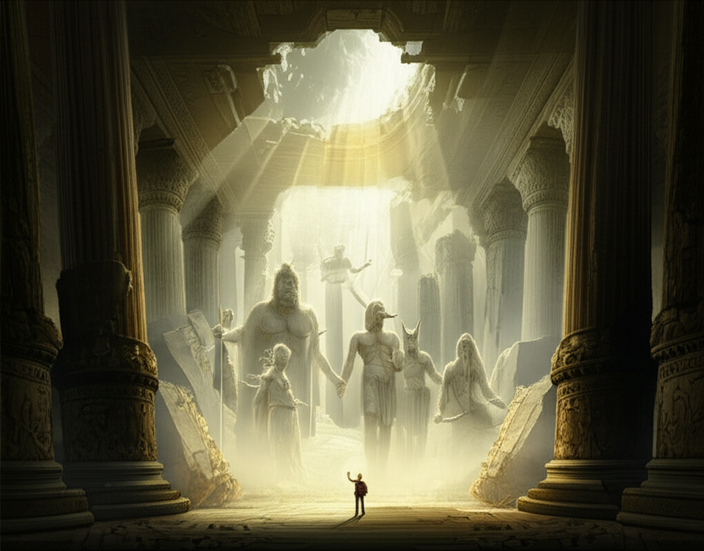Величественные древние боги, явившиеся в руинах храма перед исследователем.