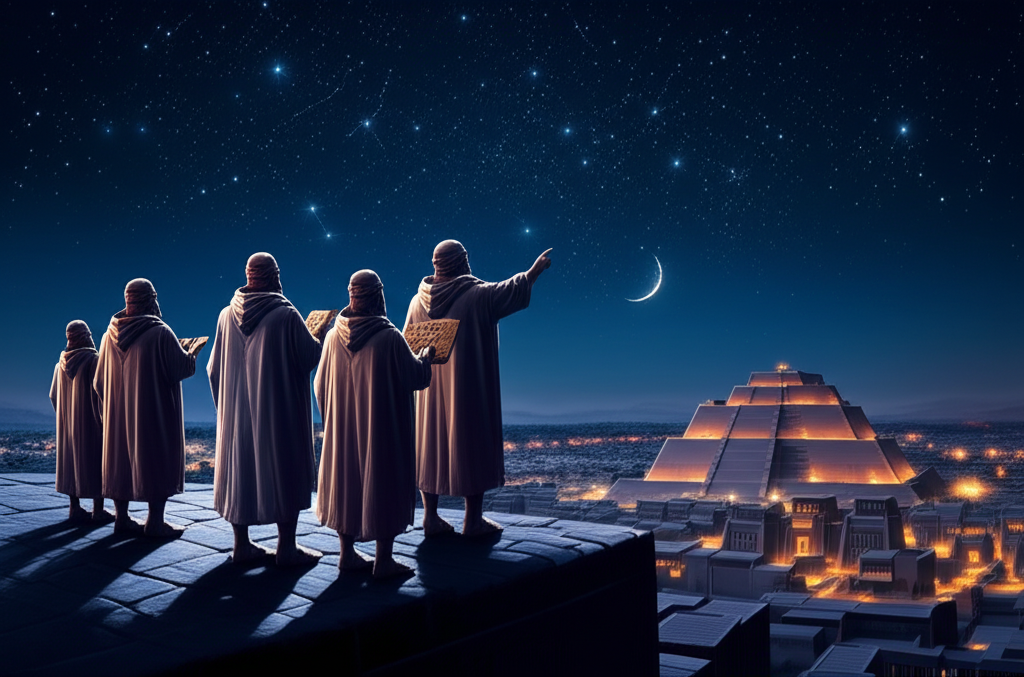 Древний месопотамия и астрология процветали под звездным небом, где жрецы-астрологи наблюдали за светилами у подножия зиккурата.