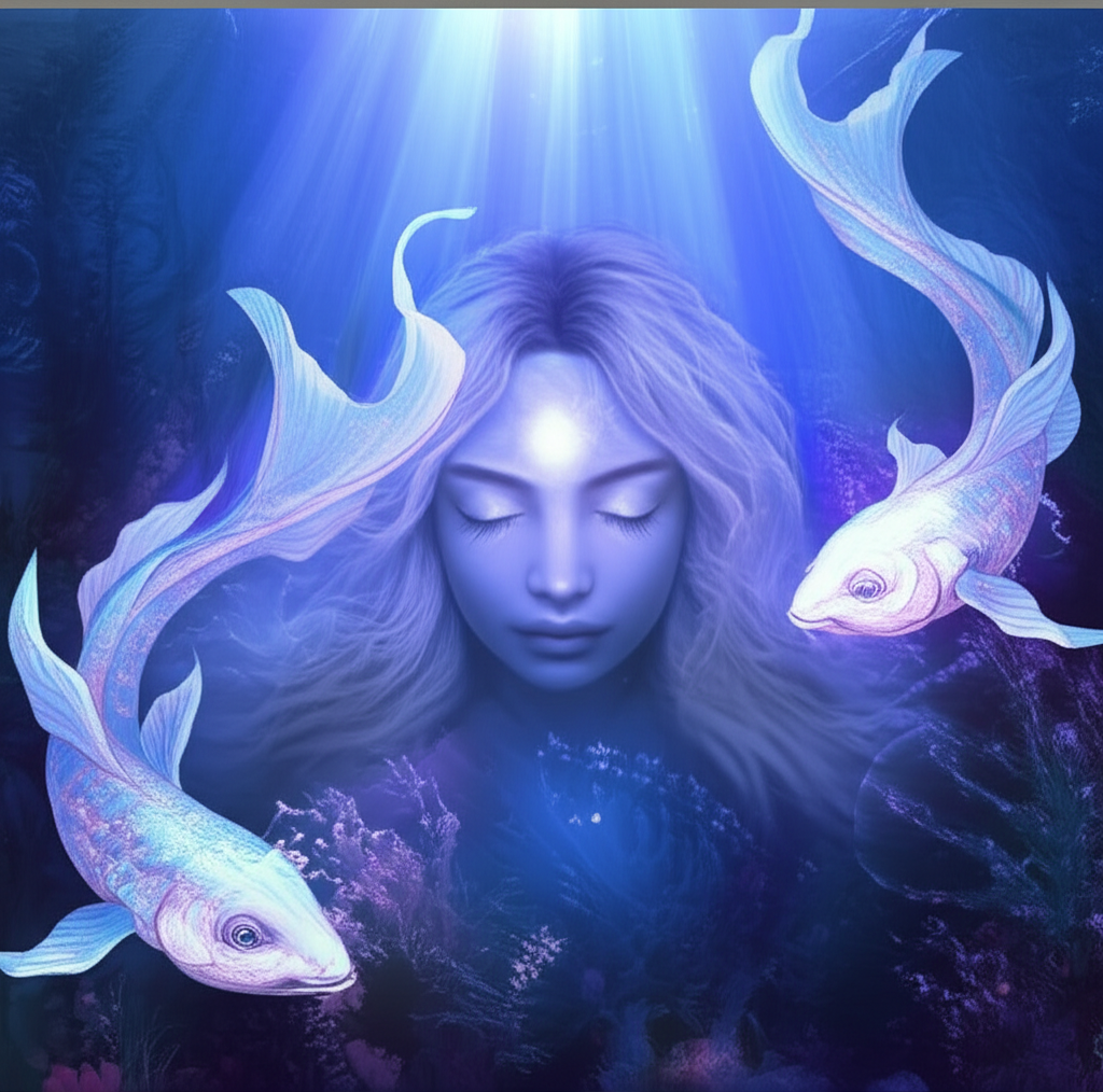 Мистическая иллюстрация, изображающая женщину-Рыбу, погруженную в глубокие воды, символизирующая духовный гороскоп рыбы и её связь с интуицией и внутренним миром.