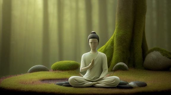 Человек медитирует в дзенском саду, отражая дзен дзенский опыт духовная дисциплина и стремление к внутреннему покою.