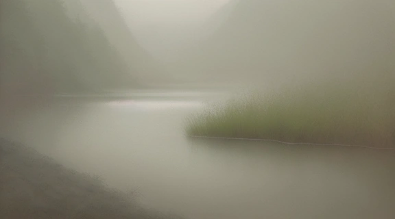 Изображение демонстрирует безмятежный пейзаж, символизирующий глубокое понимание Дзен и даосское начало, с медитирующей фигурой на фоне туманных гор и бамбука.