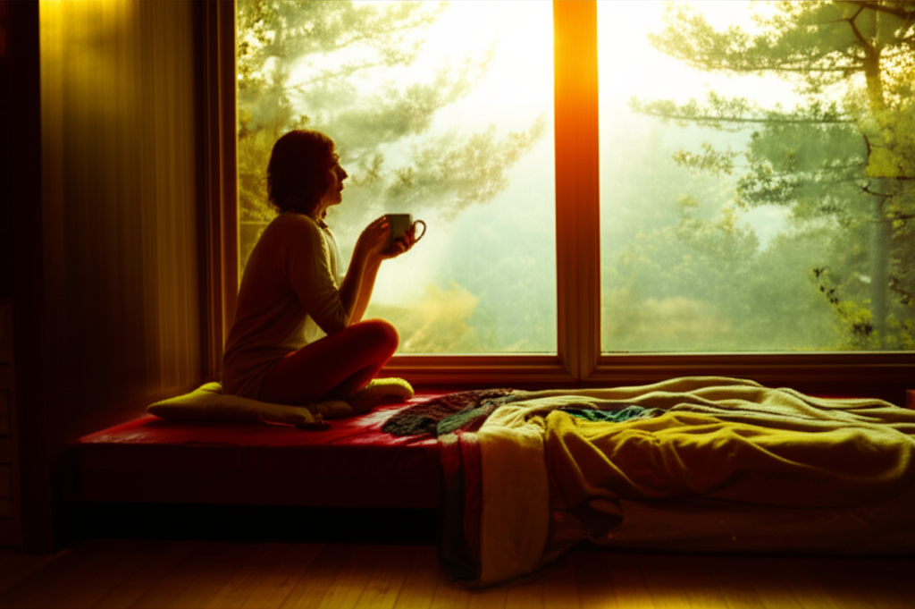 Спокойный человек у окна с чашкой в руках, эффективная борьба со стрессом через умиротворение и созерцание природы.