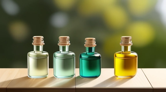 Коллекция флаконов эфирных масел в косметологии на деревянном фоне с растениями и цветами.