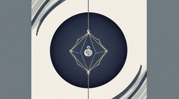 Изображение демонстрирует минималистичную композицию, символизирующую Экспресс-гадание, с центральной картой Таро и окружающими ее символами рун, игральных костей и маятника.