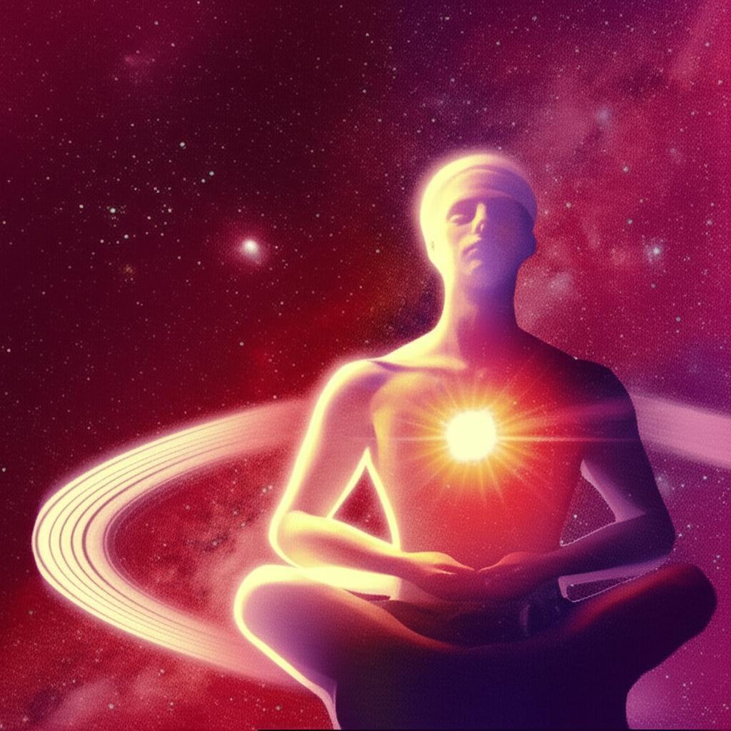 Мистическое изображение планеты Марс с ретроградной траекторией на фоне космоса и силуэта человека в медитации, символизирующее внутреннюю энергию и самоанализ, если Марс ретроградный в натальной карте.