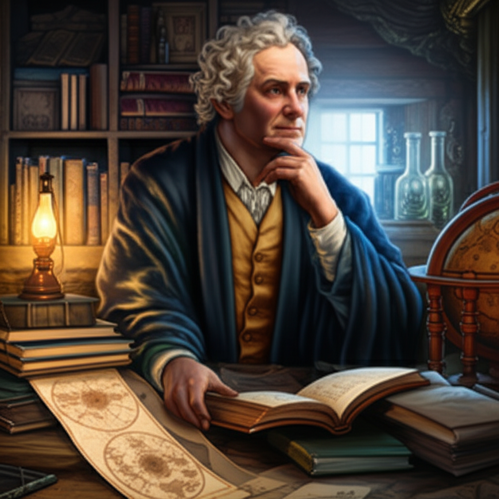 Задумчивый человек в старой библиотеке, символизирующий глубокое и интроспективное мышление, если Меркурий ретроградный в натальной карте.