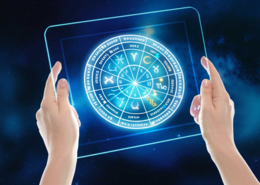 Человек анализирует, есть программы рассчитывающие личную натальную карту какие, на экране современного планшета.