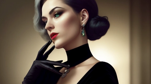 Изображение элегантной и загадочной женщины, олицетворяющей Femme fatale роковая женщина, в стиле нуар.