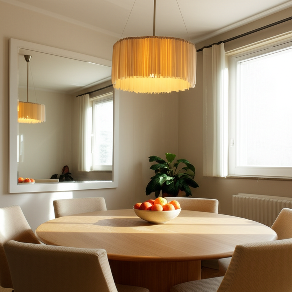 Идеальный фэн шуй для столовой с круглым деревянным столом и зеркалом, удваивающим изобилие.