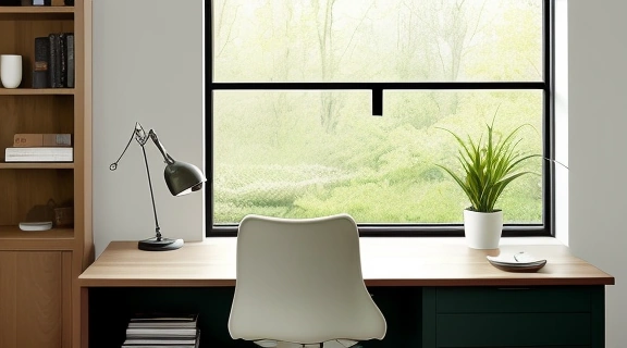 Идеально организованный и гармоничный фэн-шуй домашнего кабинета с деревянным столом, зелёными растениями и мягким естественным освещением.