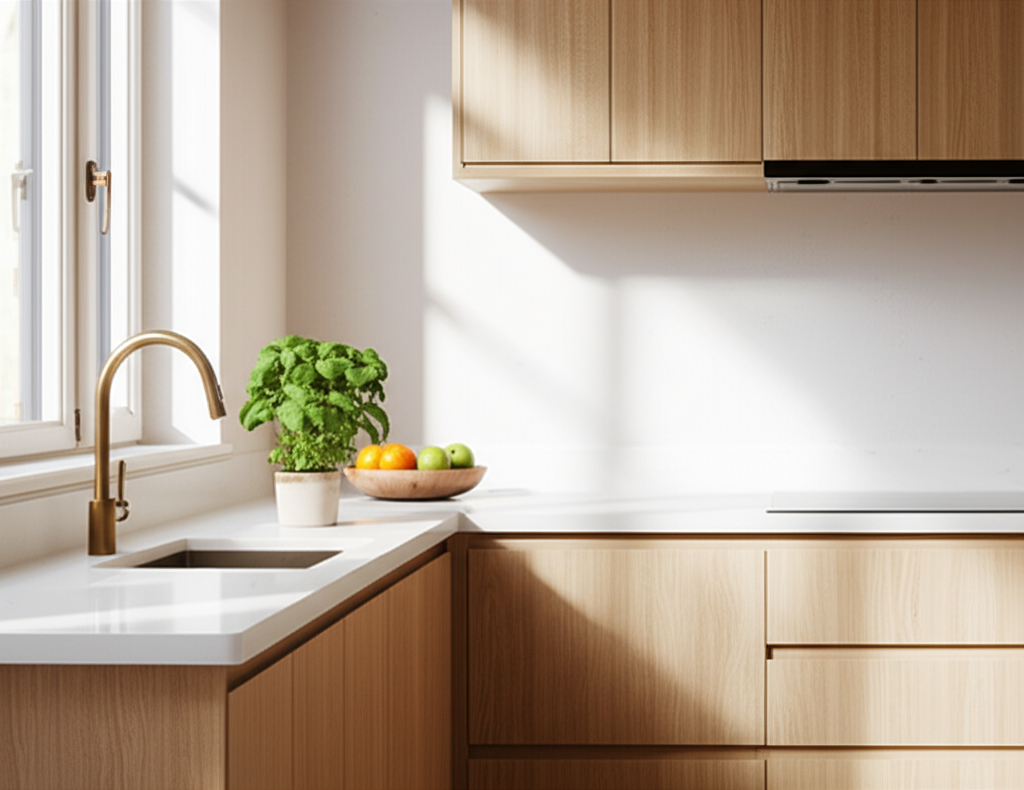 Светлая и гармоничная обстановка, организованная по правилам фэн-шуй кухни, с элементами дерева и живыми растениями.