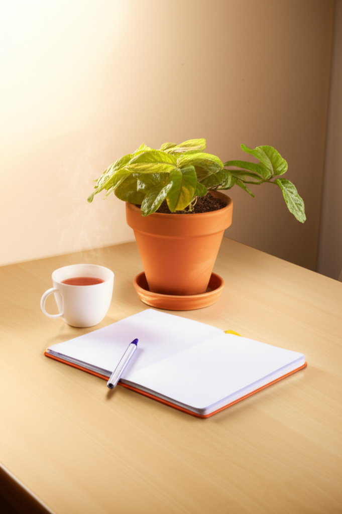 Уютный уголок комнаты, организованный по принципам фэн-шуй на каждый день, с растением и естественным светом.