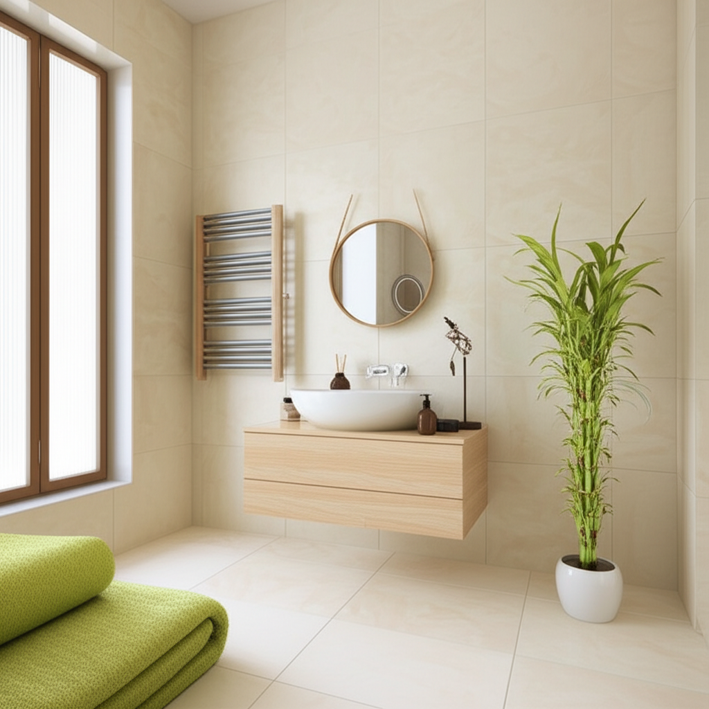 Светлый и гармоничный интерьер по правилам фэн шуй ванной с деревянными элементами и живым растением.